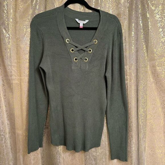 No Boundaries Olive Green Ribbed Stretchy Lace Up Sweater XXL NWOT - Picture 1 of 6